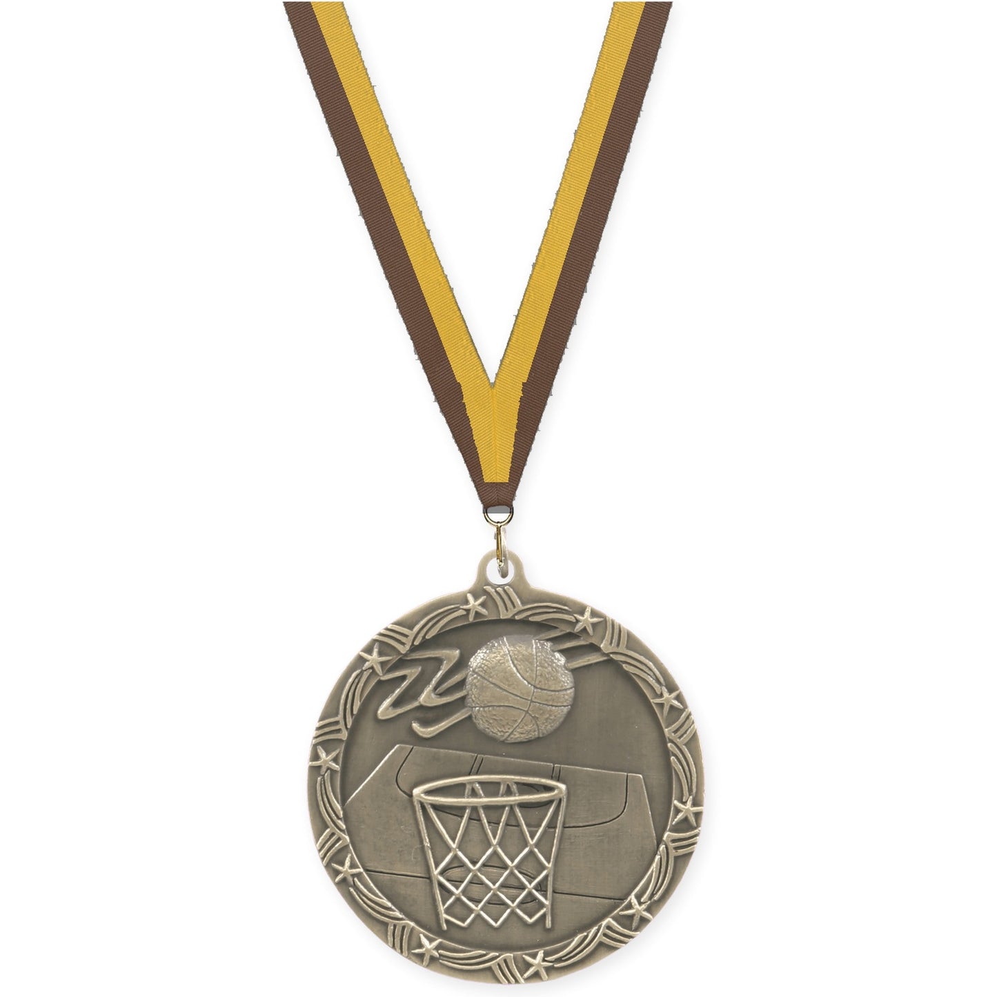 2 1/2 inch basketball Shooting Star medal in antique gold with Brown Gold neck ribbon