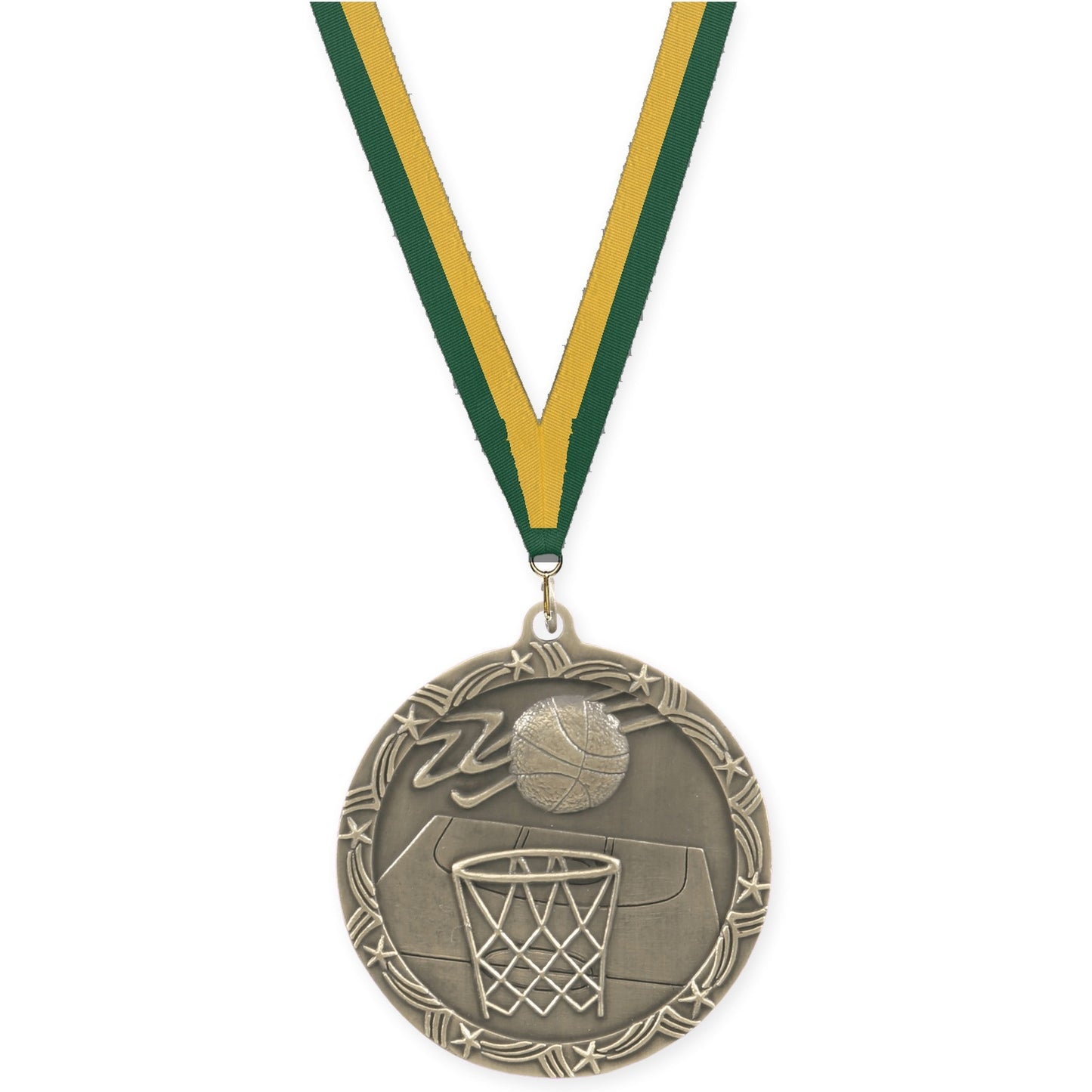 2 1/2 inch basketball Shooting Star medal in antique gold with Hunter Green Gold neck ribbon