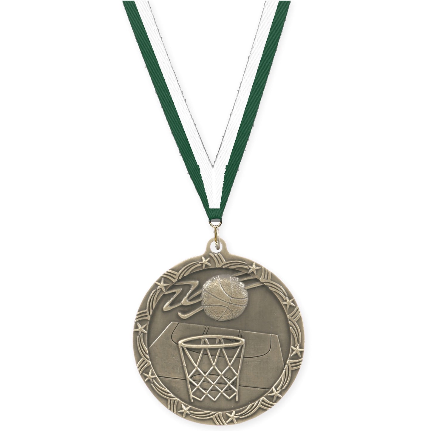 2 1/2 inch basketball Shooting Star medal in antique gold with Hunter Green White neck ribbon