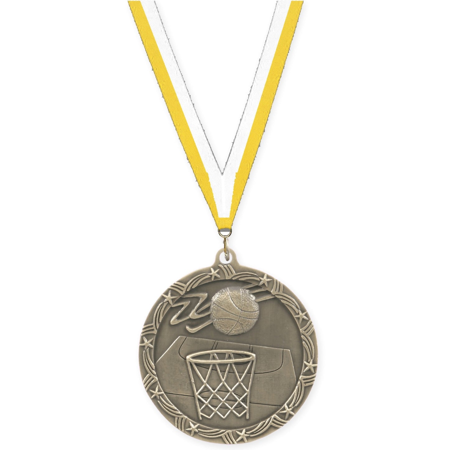 2 1/2 inch basketball Shooting Star medal in antique gold with Yellow White neck ribbon