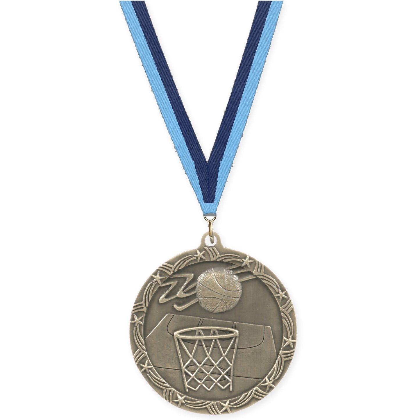 2 1/2 inch basketball Shooting Star medal in antique gold with Light Blue Navy neck ribbon