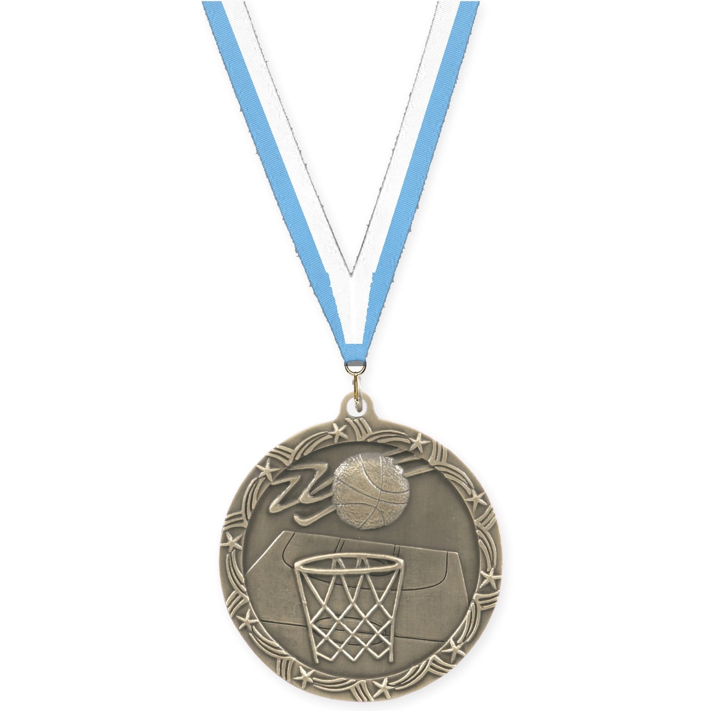 2 1/2 inch basketball Shooting Star medal in antique gold with Light Blue White neck ribbon