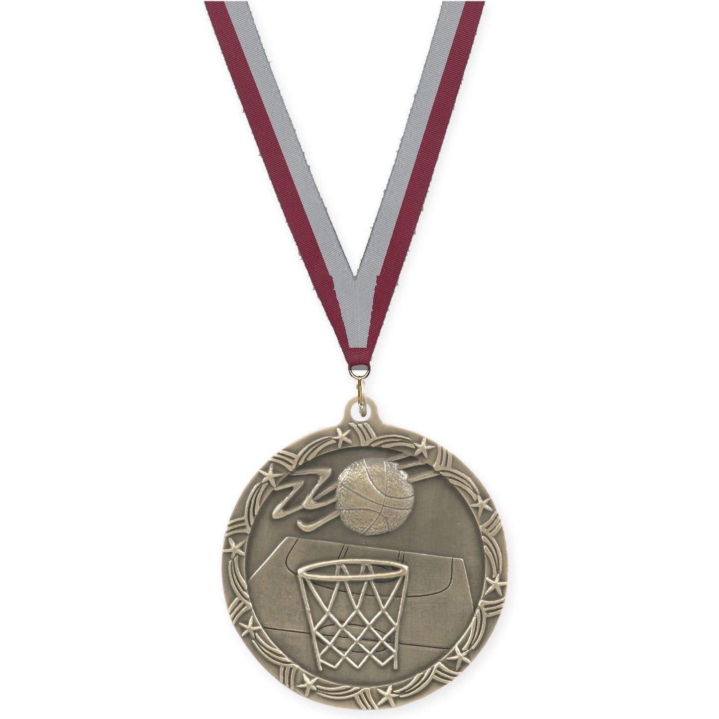 2 1/2 inch basketball Shooting Star medal in antique gold with Maroon Gray neck ribbon