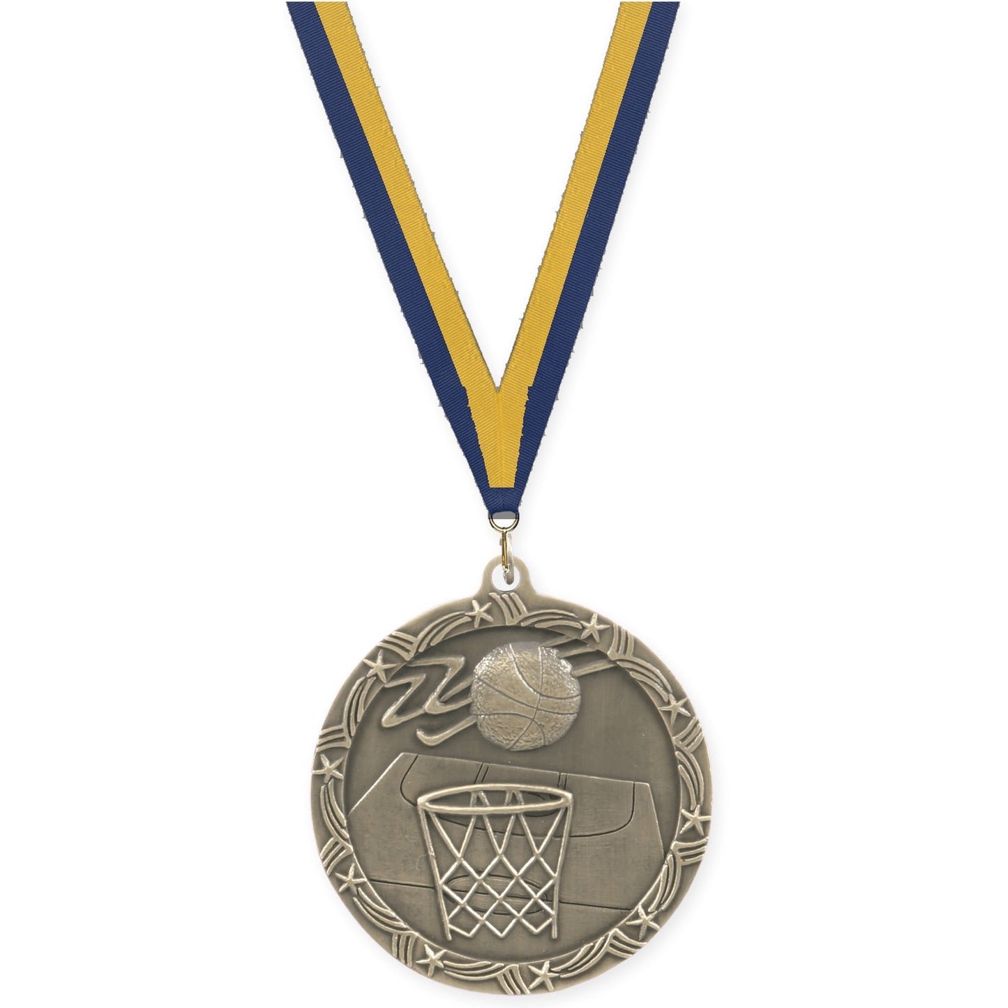 2 1/2 inch basketball Shooting Star medal in antique gold with Navy Gold neck ribbon
