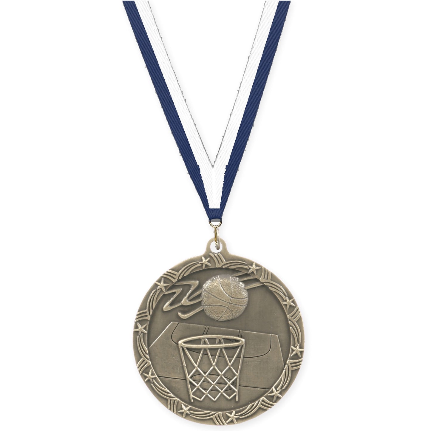 2 1/2 inch basketball Shooting Star medal in antique gold with Navy White neck ribbon