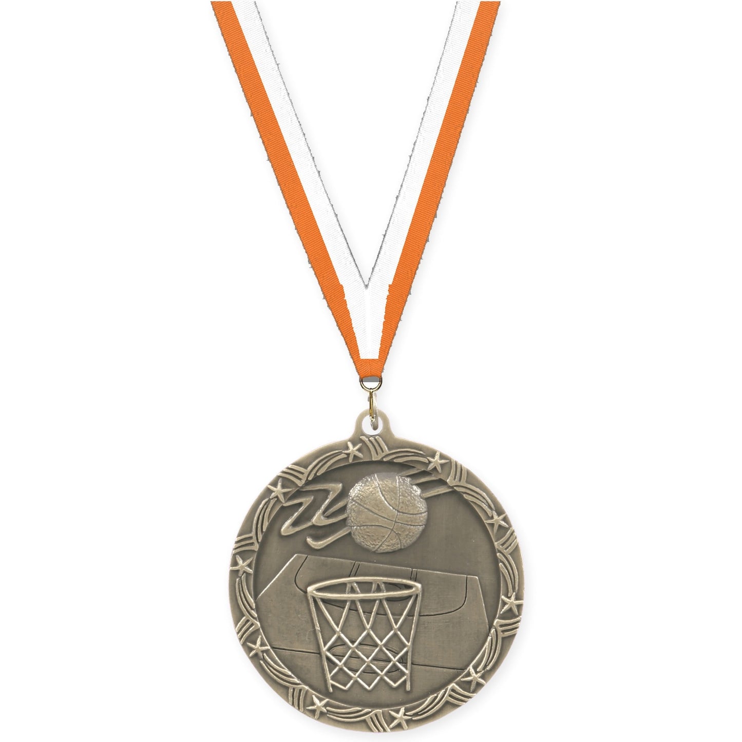 2 1/2 inch basketball Shooting Star medal in antique gold with Orange White neck ribbon