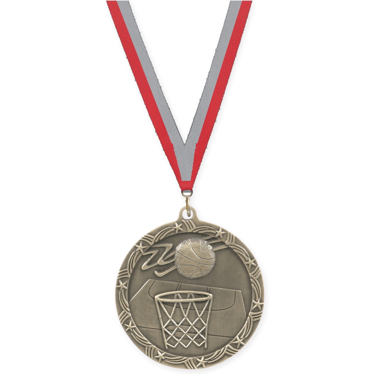 2 1/2 inch basketball Shooting Star medal in antique gold with Red Gray neck ribbon