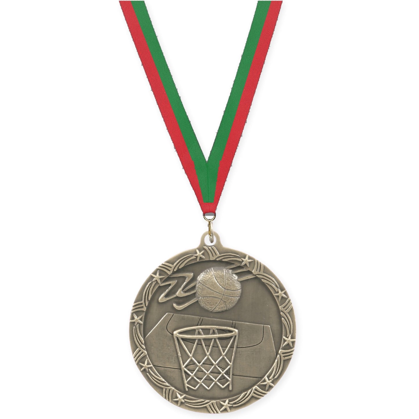 2 1/2 inch basketball Shooting Star medal in antique gold with Red Green neck ribbon