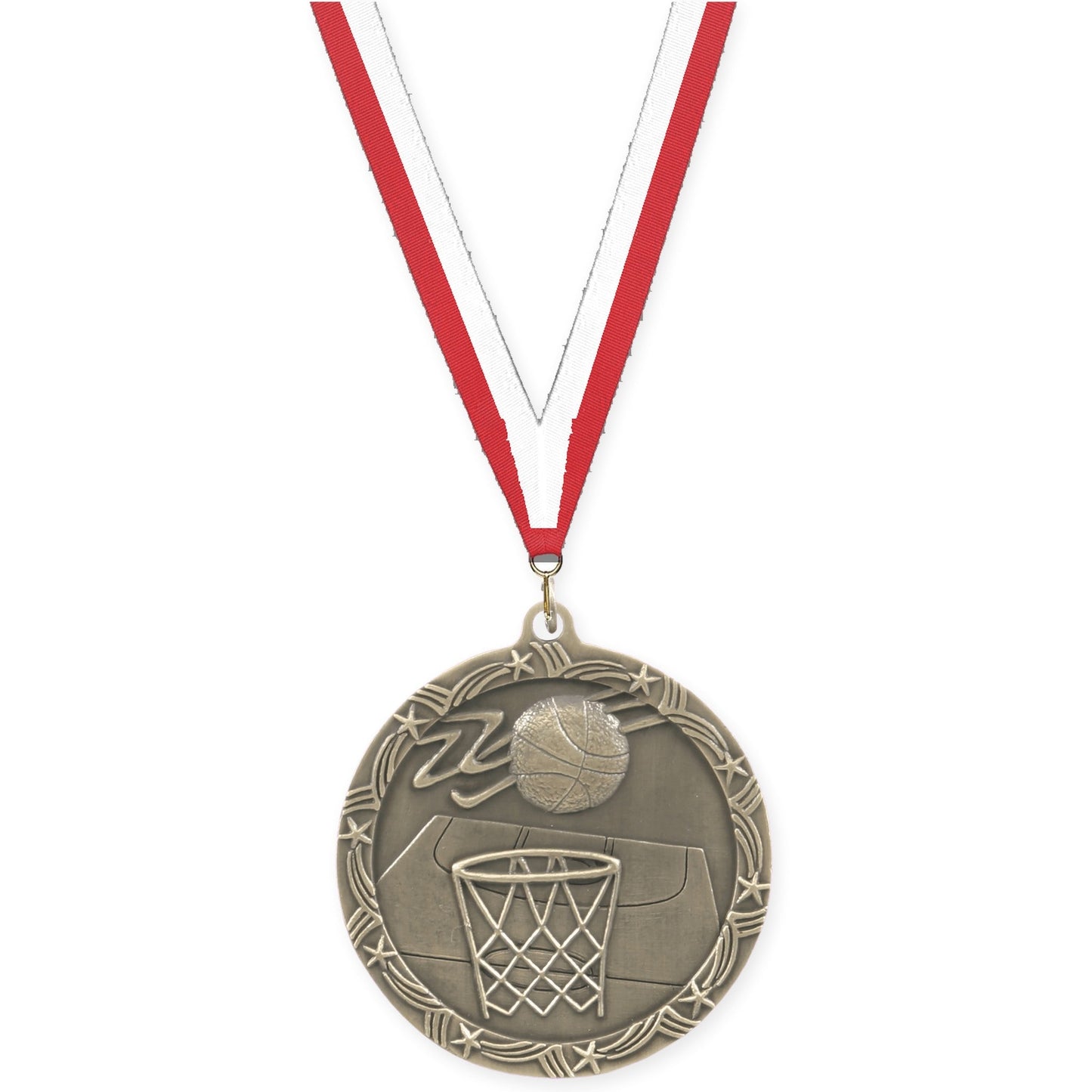 2 1/2 inch basketball Shooting Star medal in antique gold with Red White neck ribbon