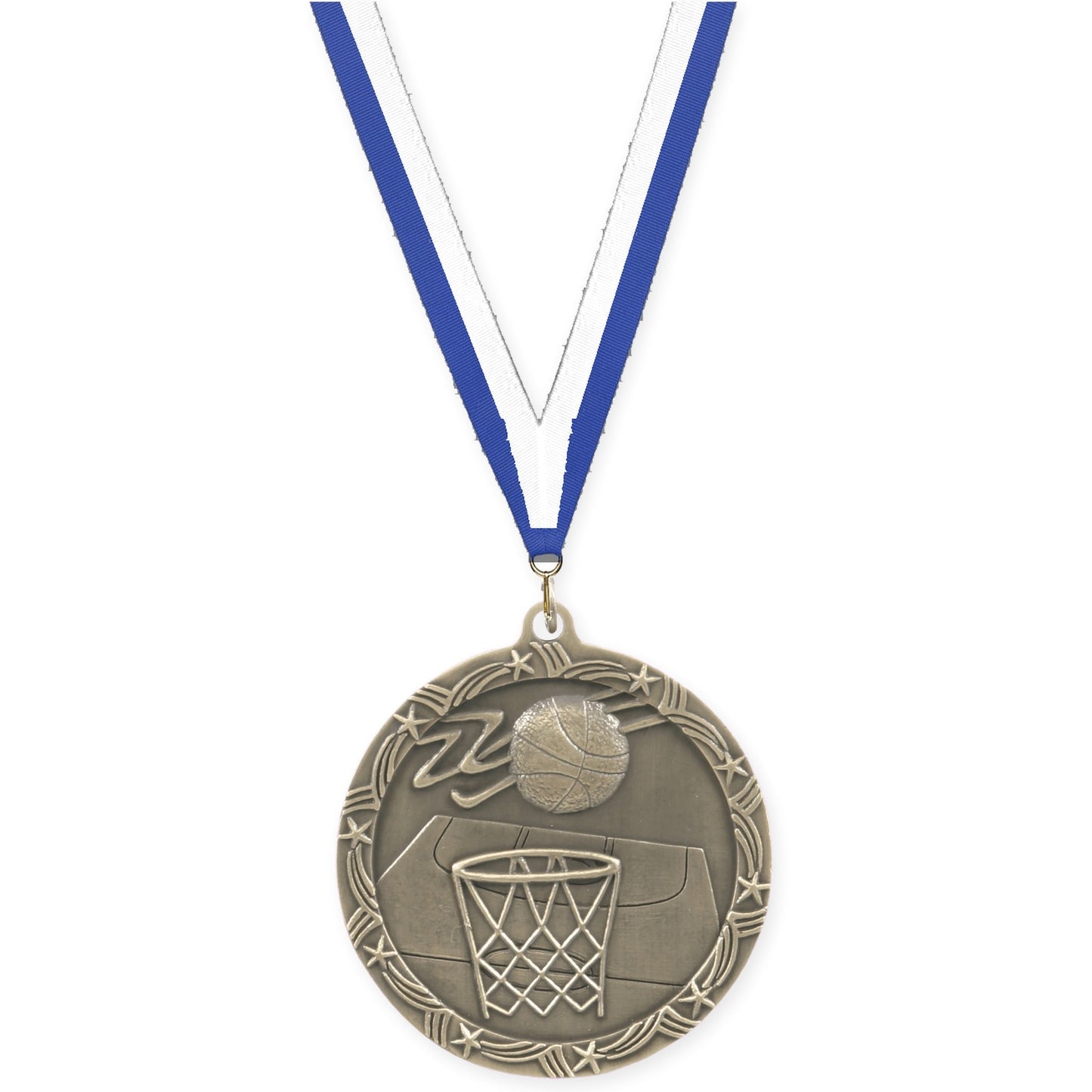 2 1/2 inch basketball Shooting Star medal in antique gold with Blue White neck ribbon
