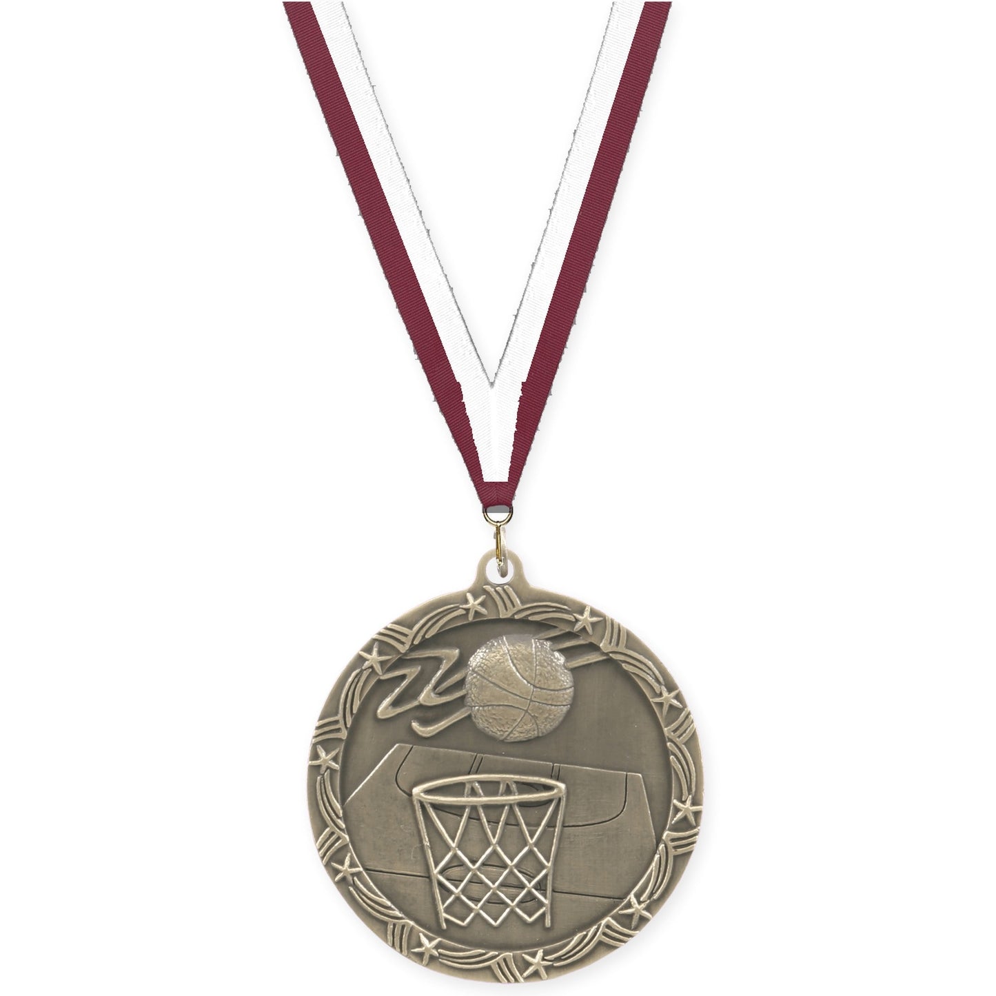 2 1/2 inch basketball Shooting Star medal in antique gold with Maroon White neck ribbon