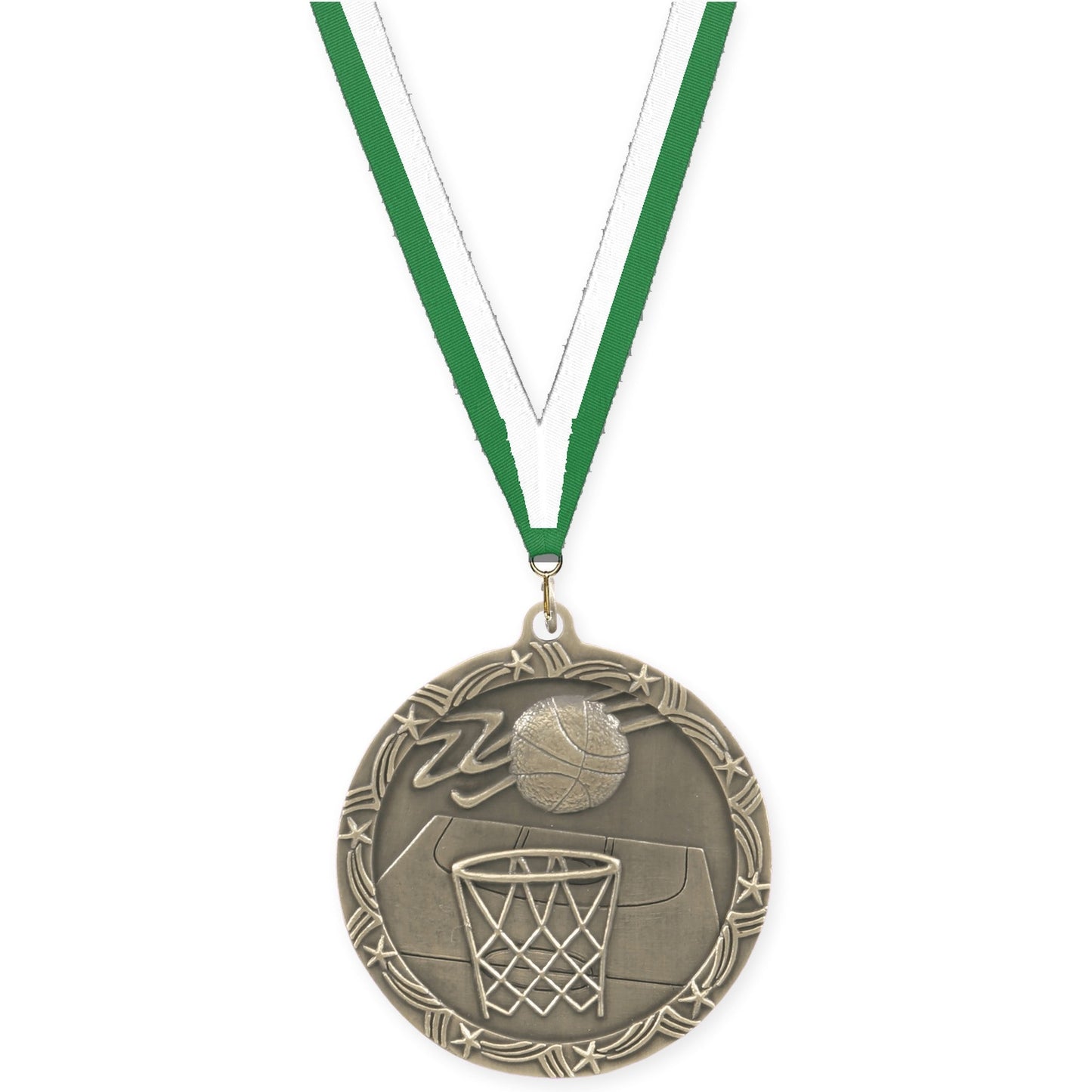 2 1/2 inch basketball Shooting Star medal in antique gold with Green White neck ribbon