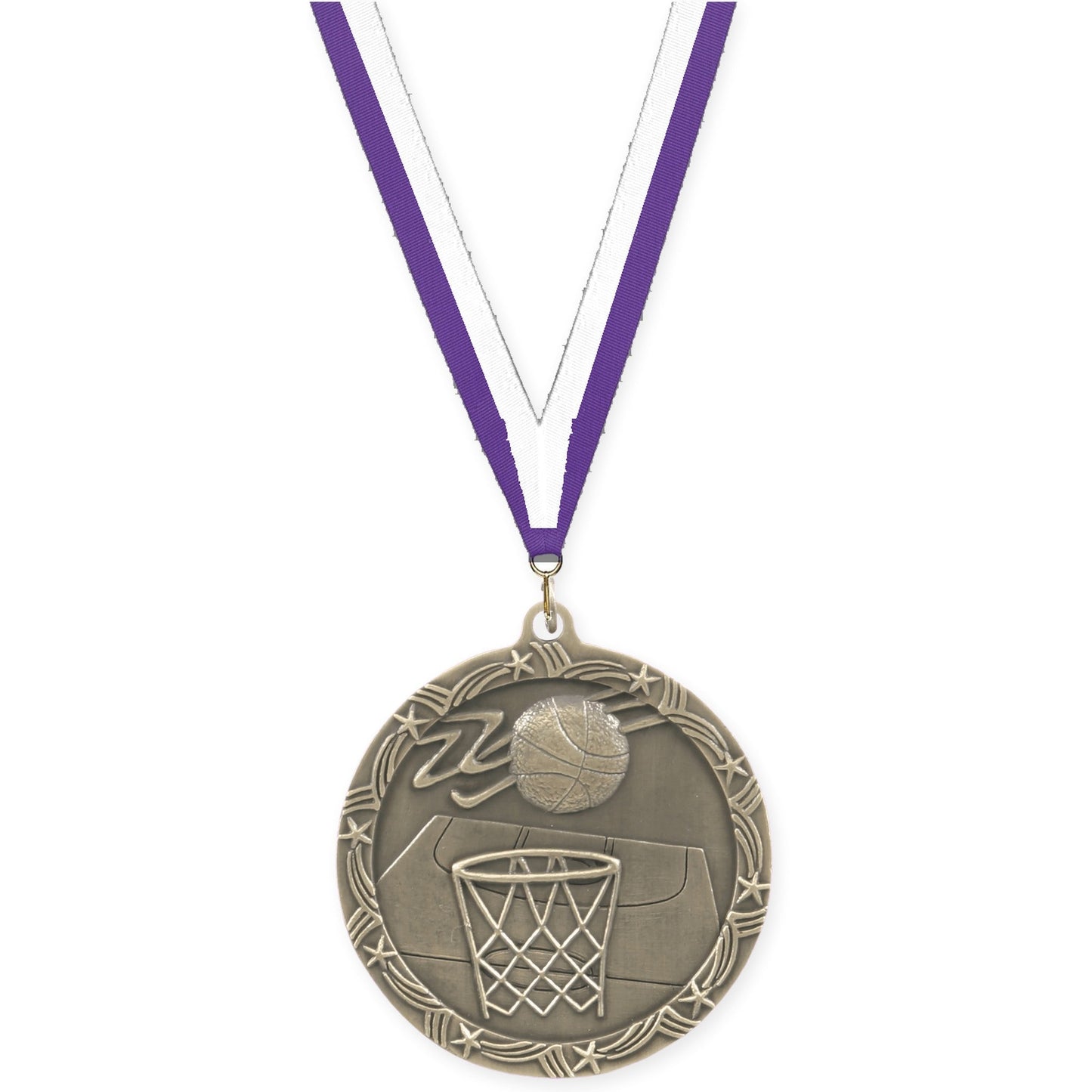 2 1/2 inch basketball Shooting Star medal in antique gold with Purple White neck ribbon