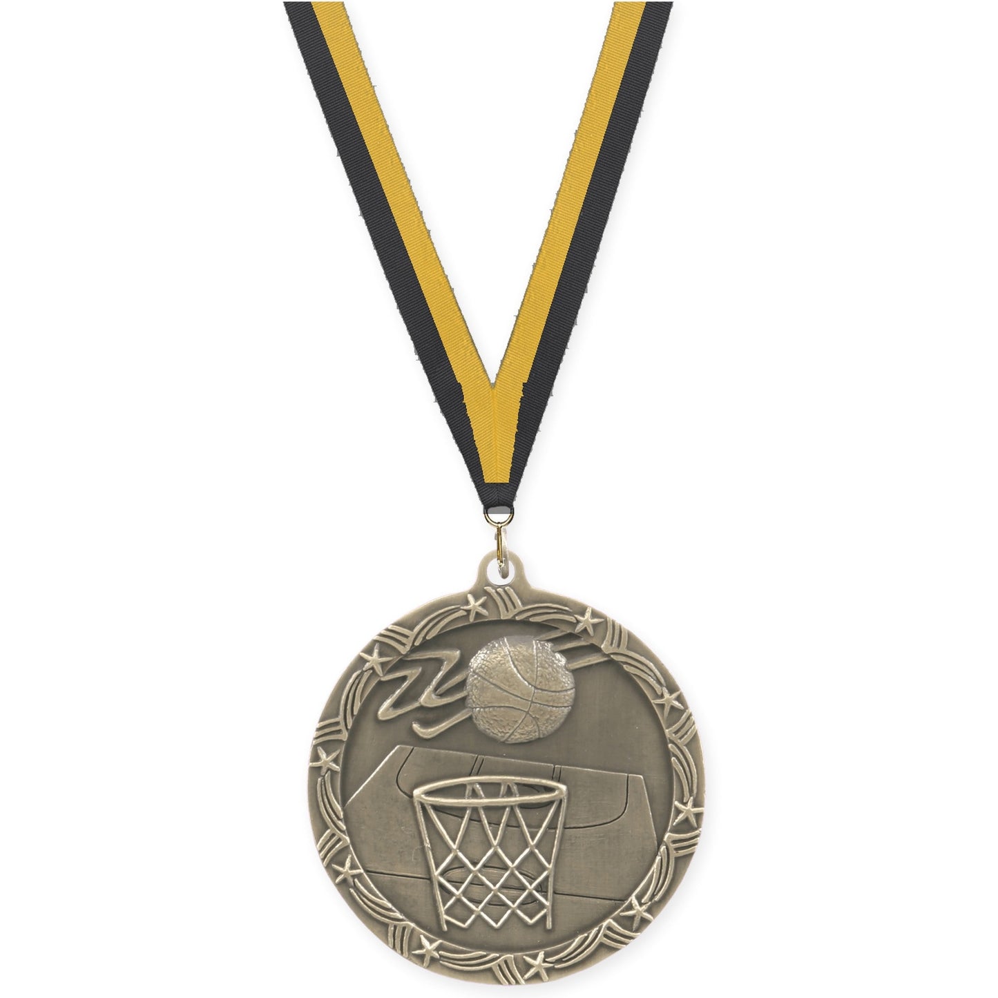 2 1/2 inch basketball Shooting Star medal in antique gold with Black Gold neck ribbon