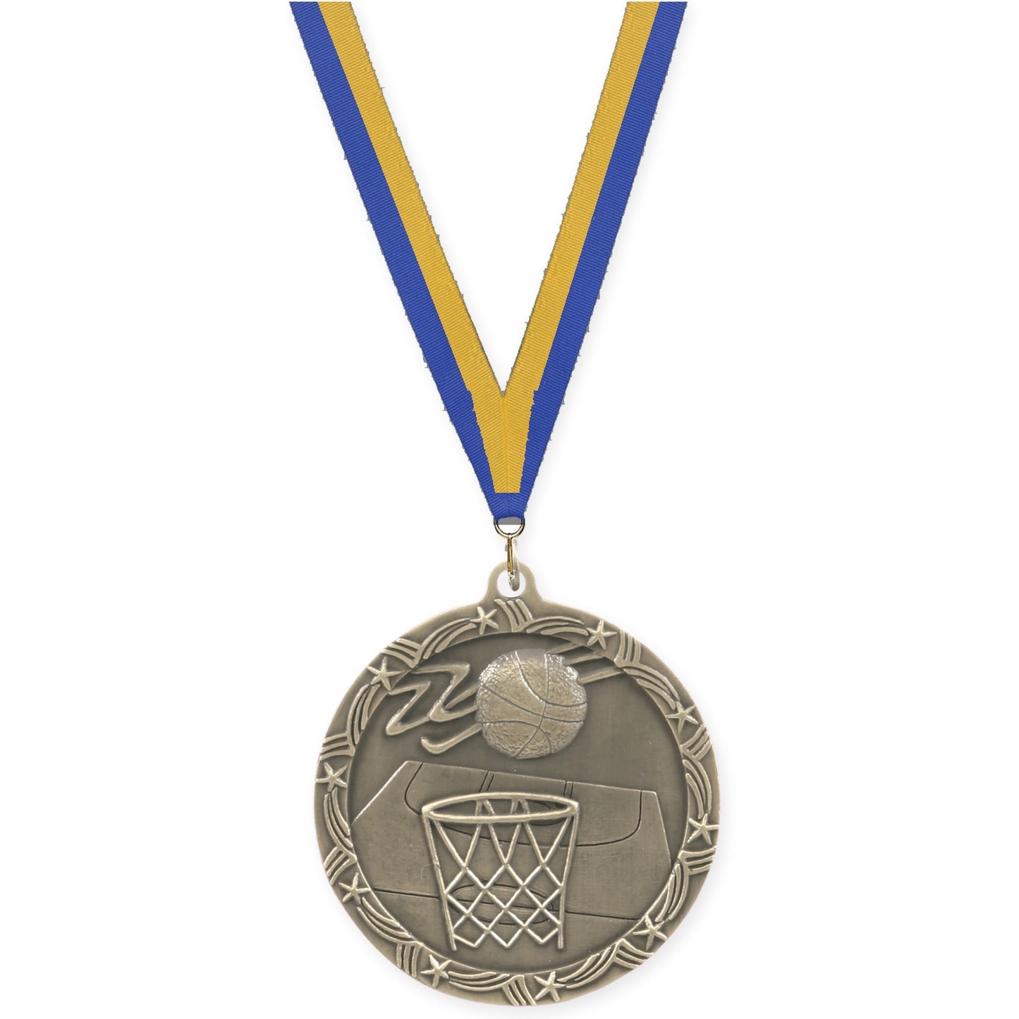 2 1/2 inch basketball Shooting Star medal in antique gold with Blue Gold neck ribbon