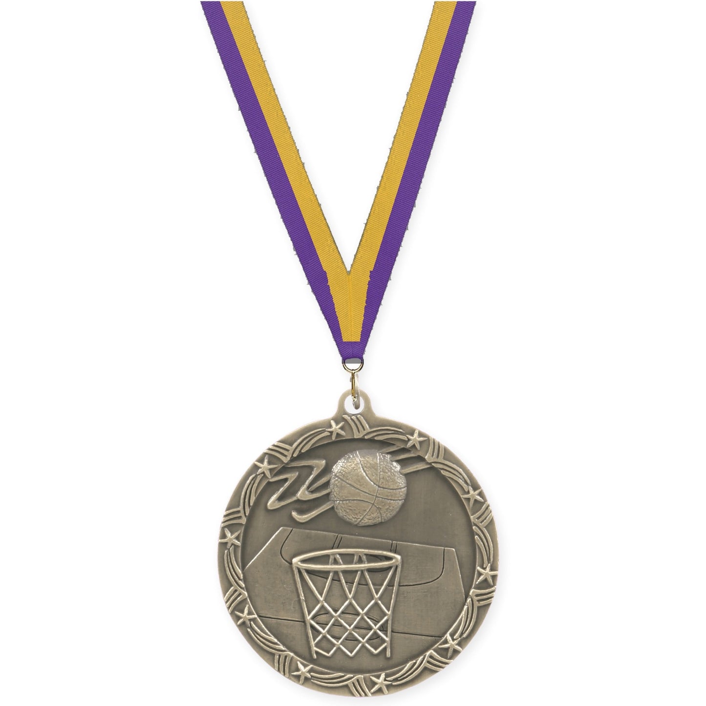 2 1/2 inch basketball Shooting Star medal in antique gold with Purple Gold neck ribbon