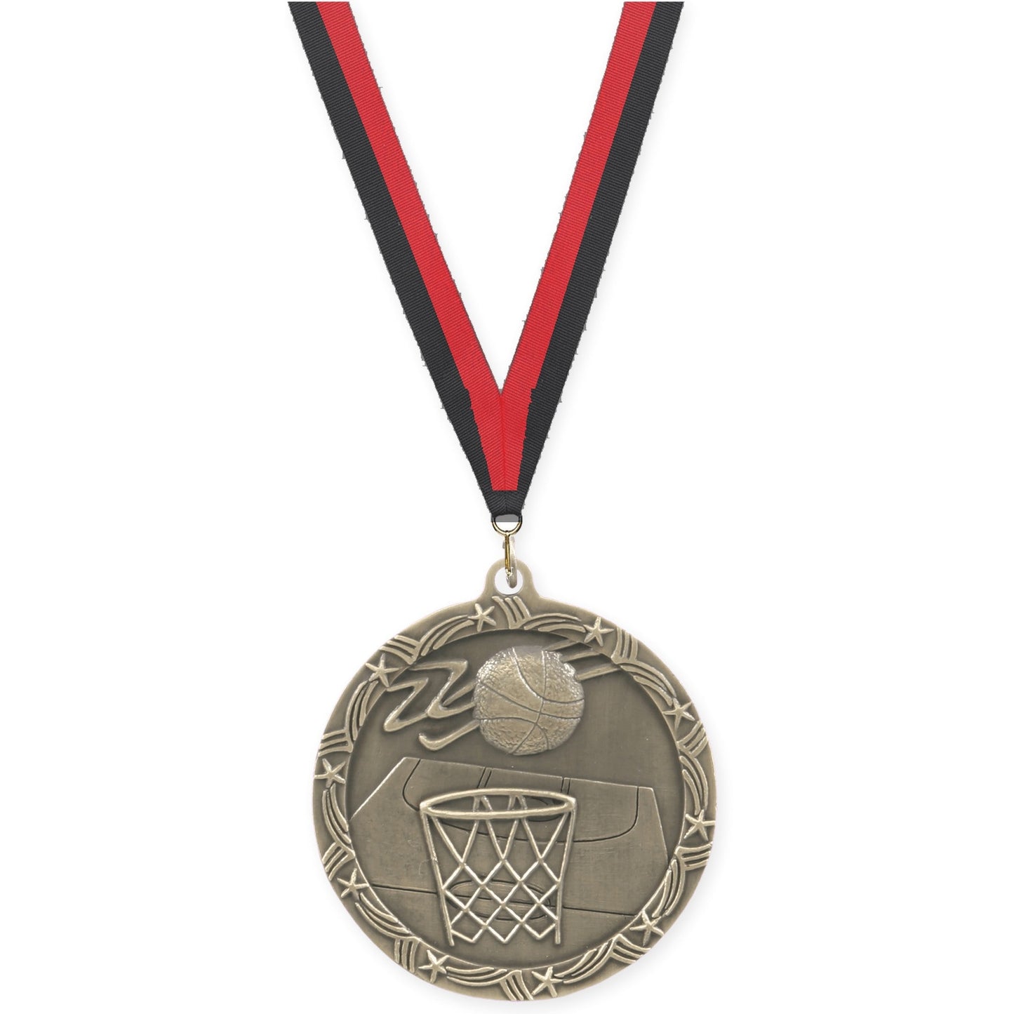 2 1/2 inch basketball Shooting Star medal in antique gold with Black Red neck ribbon