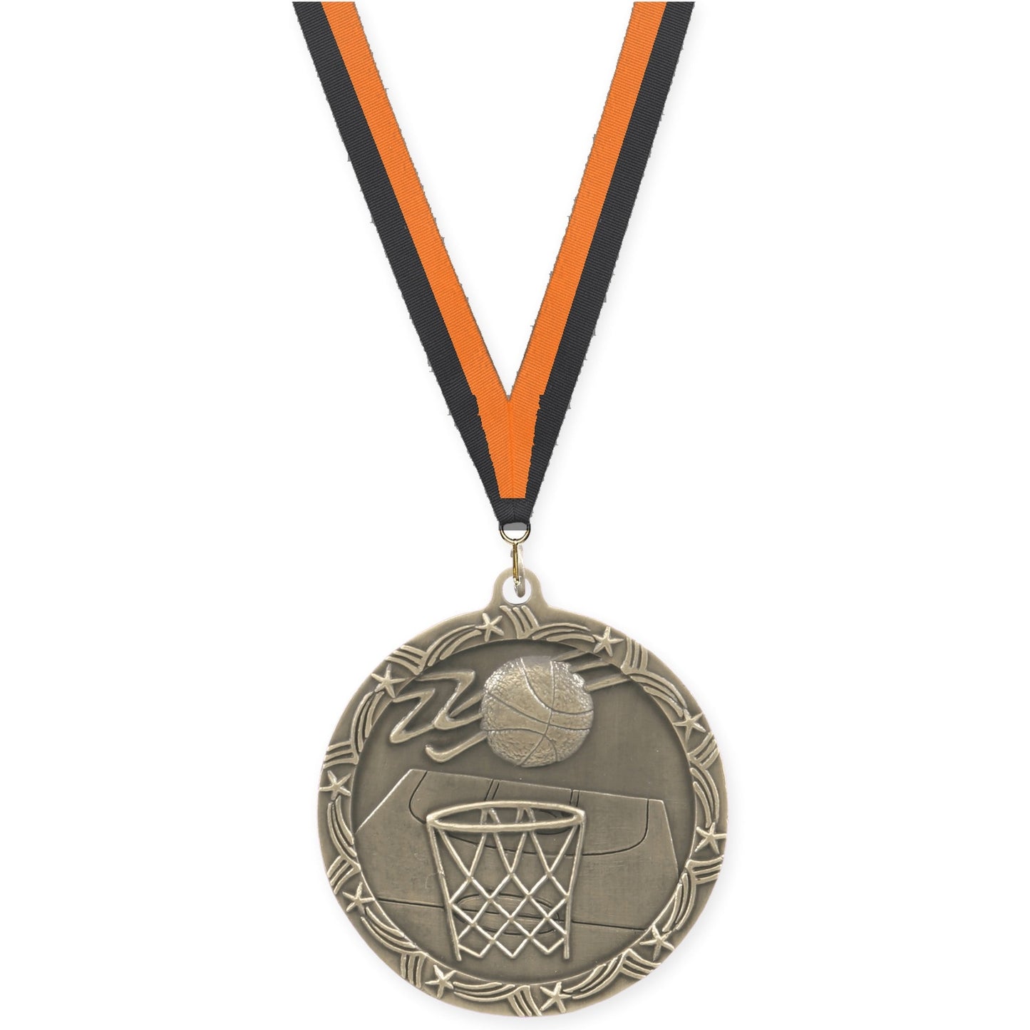 2 1/2 inch basketball Shooting Star medal in antique gold with Black Orange neck ribbon