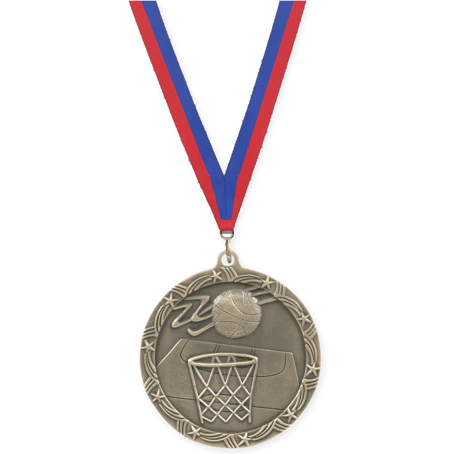 2 1/2 inch basketball Shooting Star medal in antique gold with Blue Red neck ribbon
