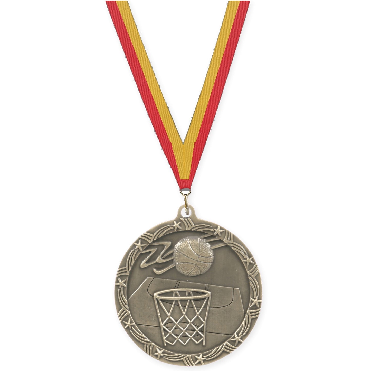 2 1/2 inch basketball Shooting Star medal in antique gold with Red Gold neck ribbon