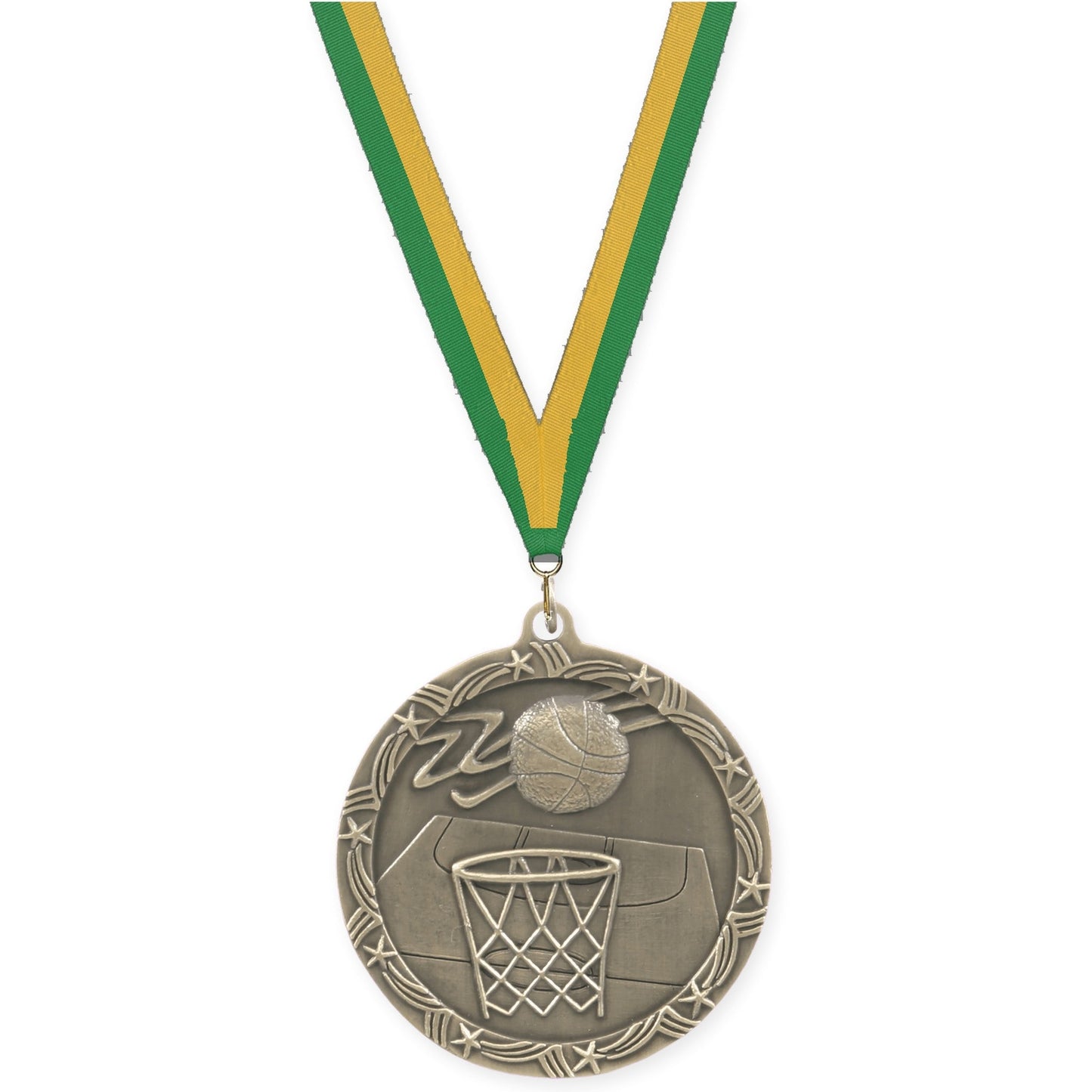 2 1/2 inch basketball Shooting Star medal in antique gold with Green Gold neck ribbon
