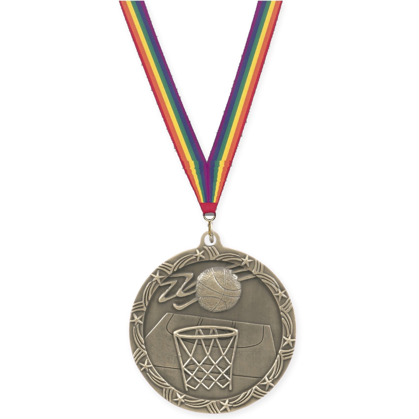 2 1/2 inch basketball Shooting Star medal in antique gold with Rainbow neck ribbon