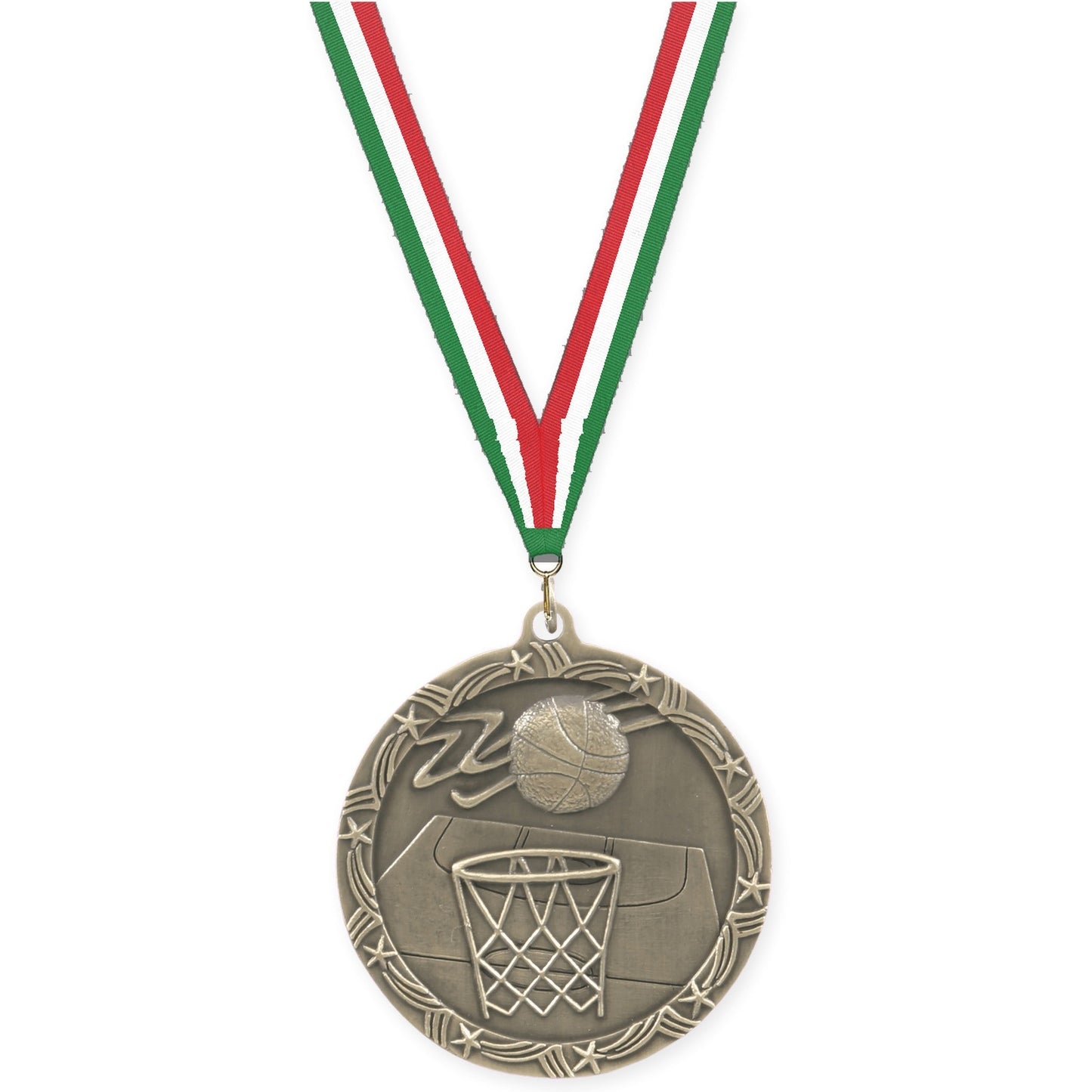 2 1/2 inch basketball Shooting Star medal in antique gold with Green White Red neck ribbon