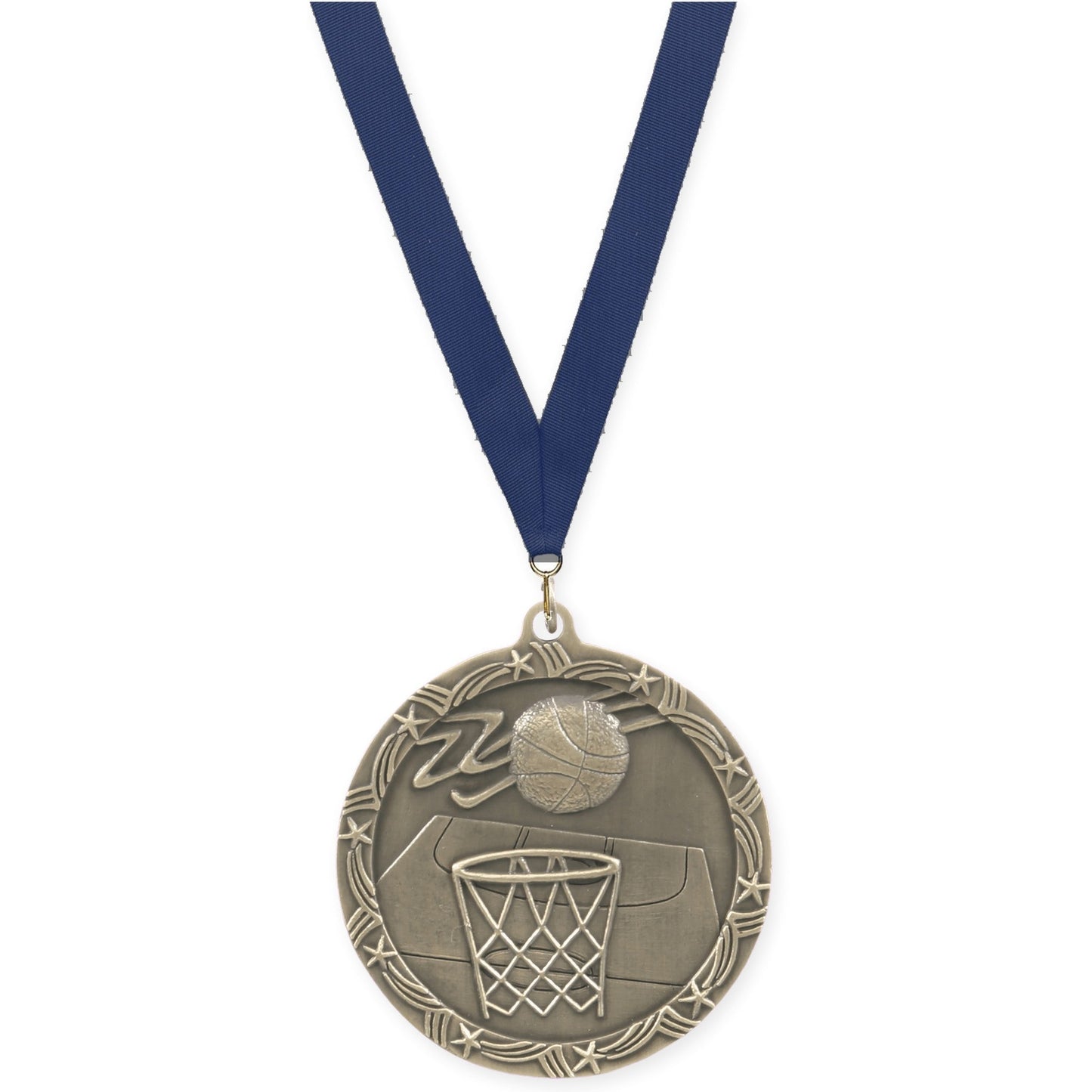 2 1/2 inch basketball Shooting Star medal in antique gold with Navy neck ribbon