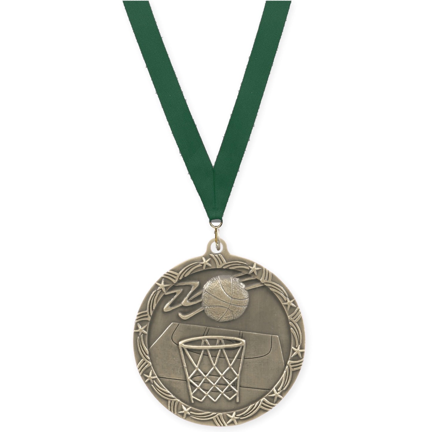 2 1/2 inch basketball Shooting Star medal in antique gold with Hunter Green neck ribbon