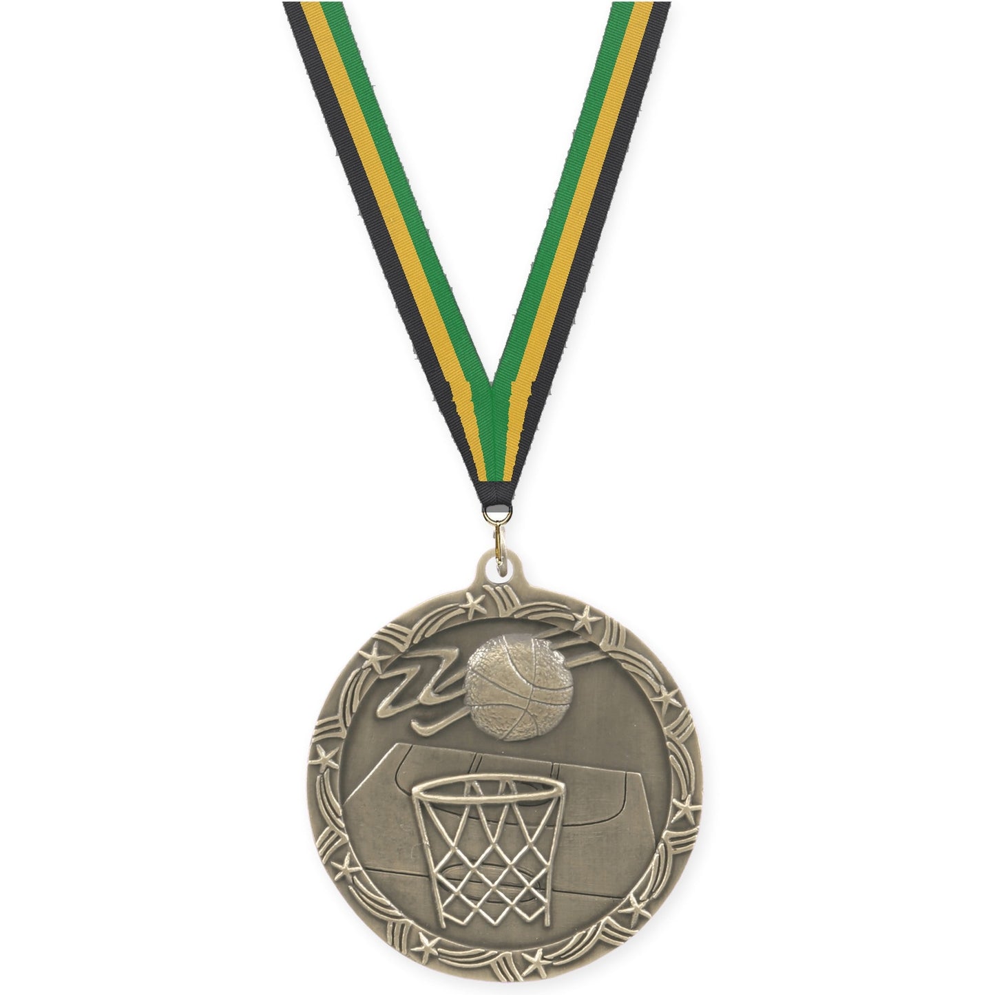 2 1/2 inch basketball Shooting Star medal in antique gold with Black Gold Green neck ribbon
