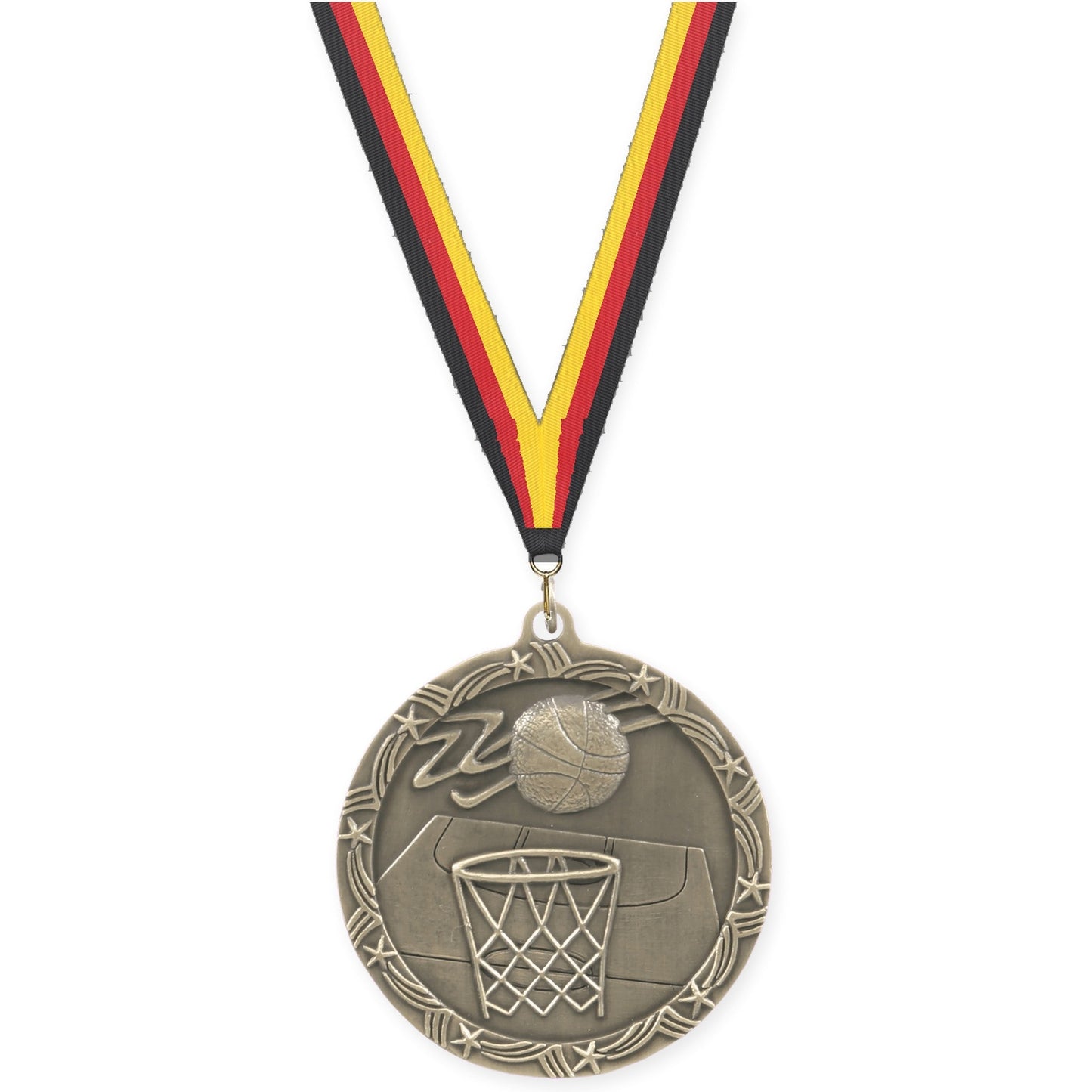 2 1/2 inch basketball Shooting Star medal in antique gold with Black Red Yellow neck ribbon