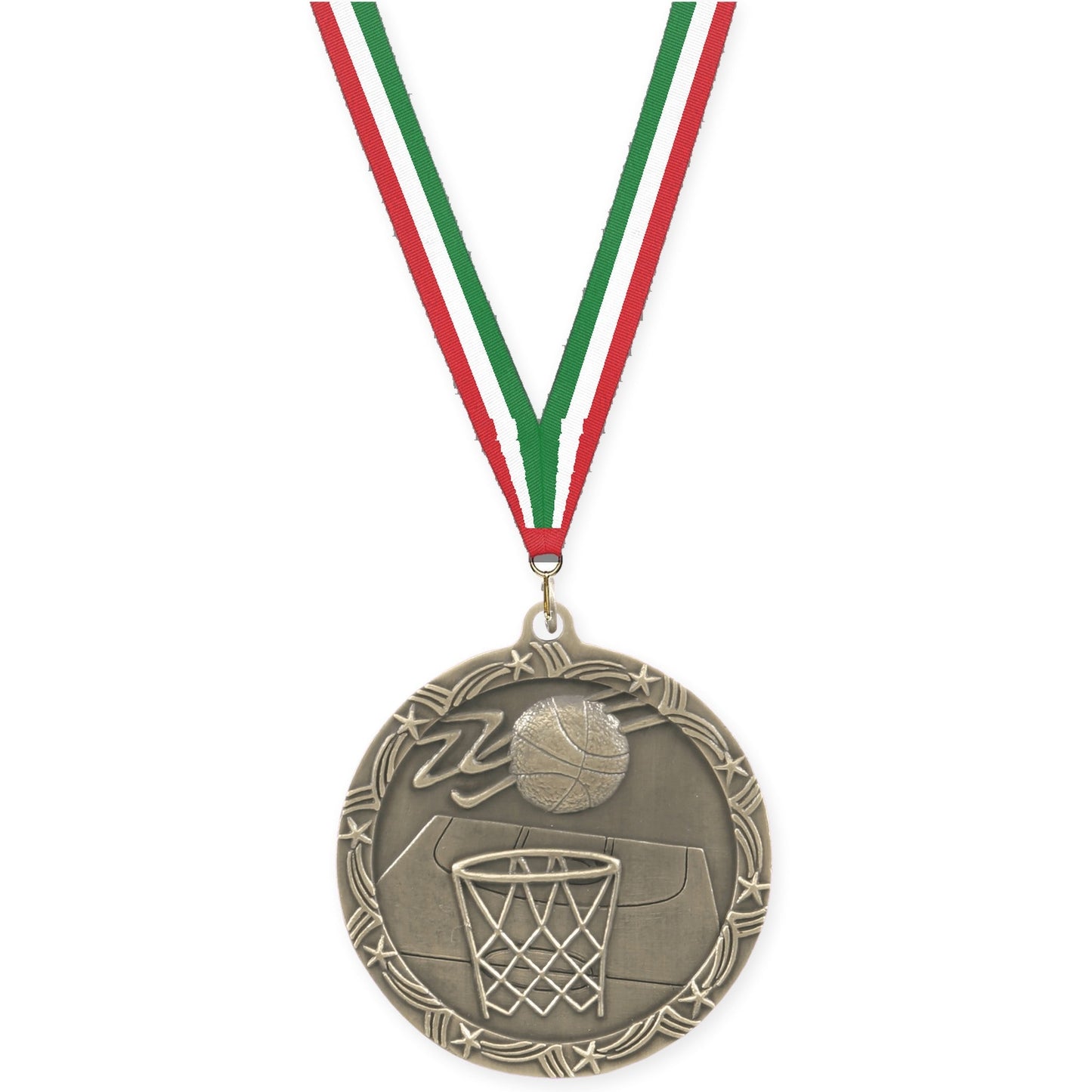 2 1/2 inch basketball Shooting Star medal in antique gold with Red White Green neck ribbon