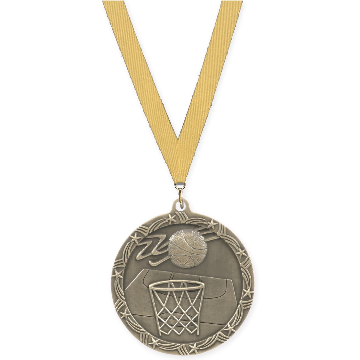 2 1/2 inch basketball Shooting Star medal in antique gold with Gold Metallic neck ribbon