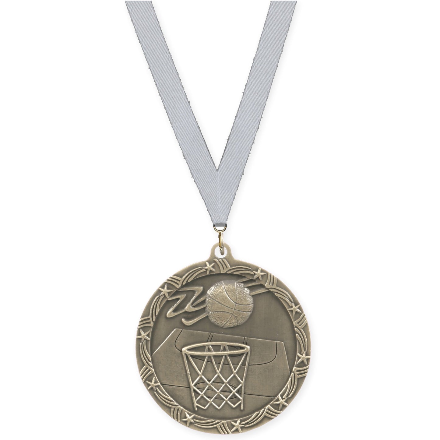 2 1/2 inch basketball Shooting Star medal in antique gold with Silver Metallic neck ribbon