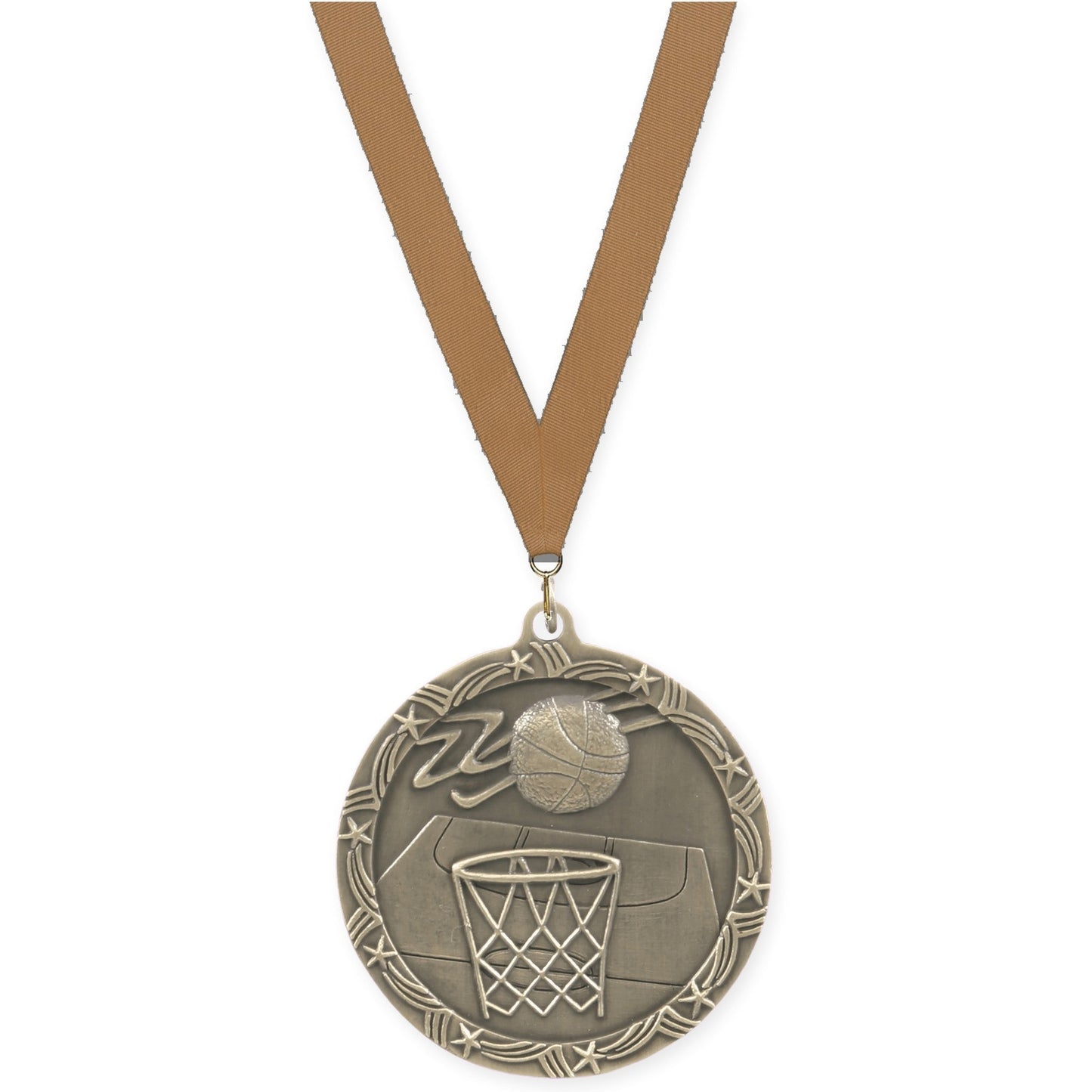 2 1/2 inch basketball Shooting Star medal in antique gold with Bronze Metallic neck ribbon