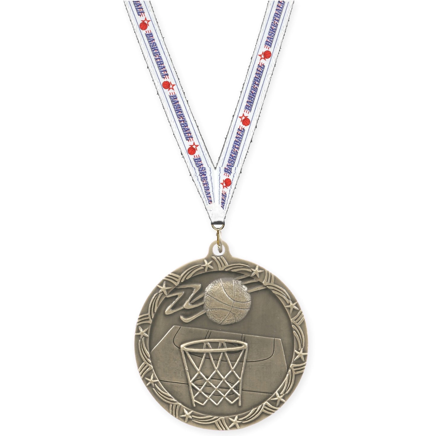 2 1/2 inch basketball Shooting Star medal in antique gold with Basketball neck ribbon