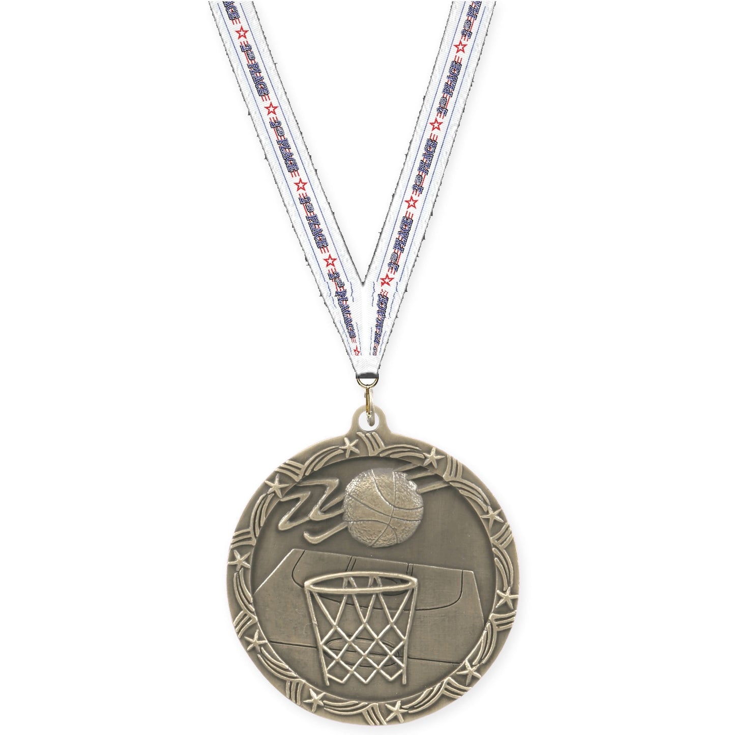 2 1/2 inch basketball Shooting Star medal in antique gold with 2nd Place neck ribbon