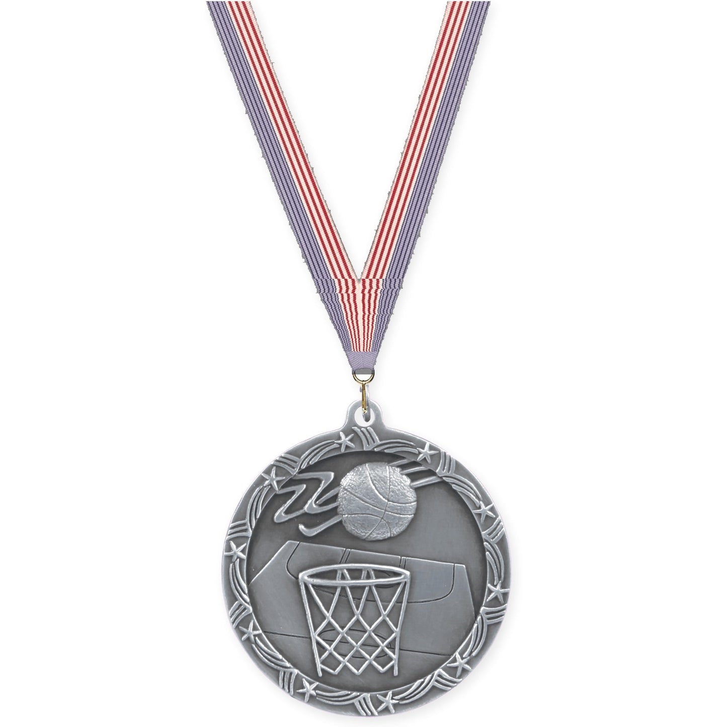 2 1/2 inch basketball Shooting Star medal in antique silver with USA Flag neck ribbon