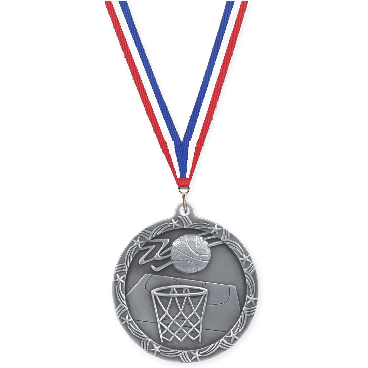 2 1/2 inch basketball Shooting Star medal in antique silver with Red White Blue neck ribbon