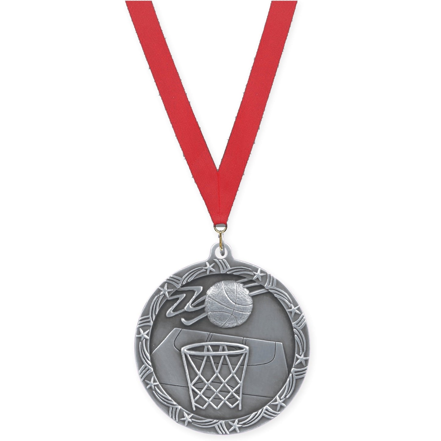 2 1/2 inch basketball Shooting Star medal in antique silver with Red neck ribbon