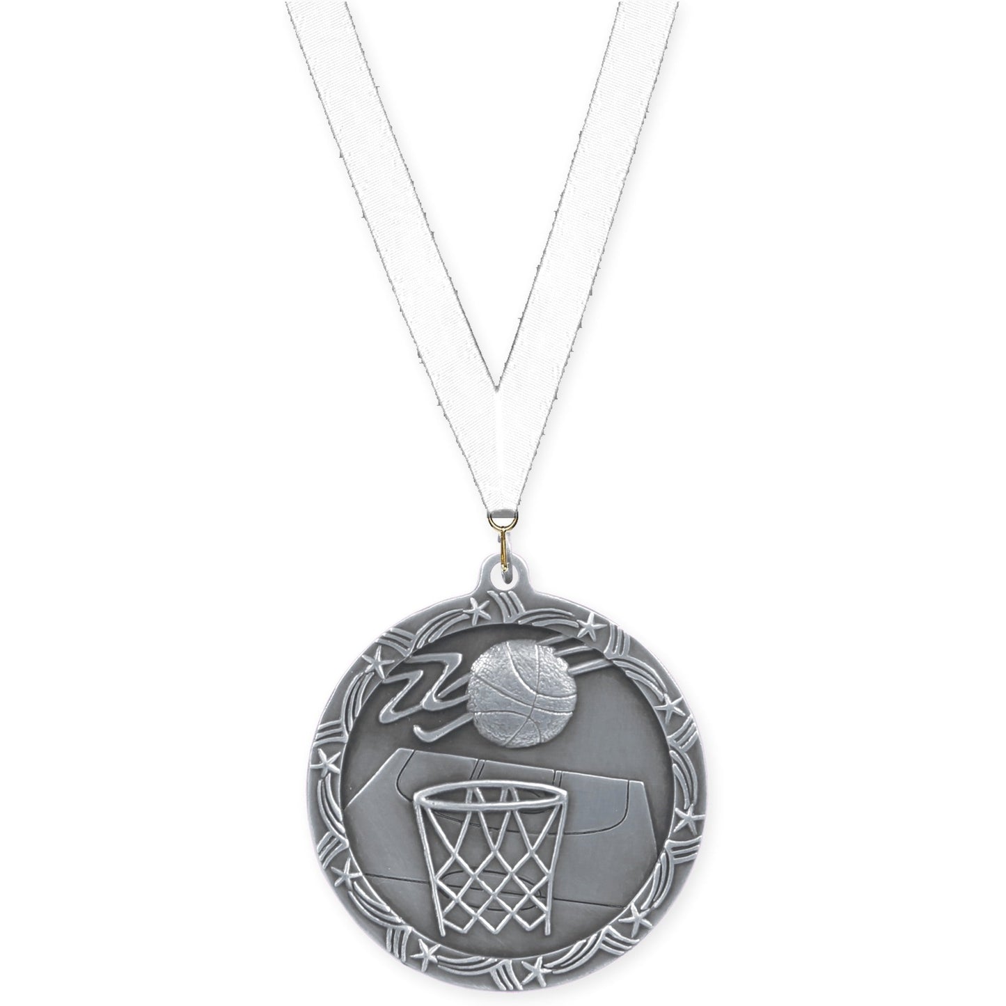 2 1/2 inch basketball Shooting Star medal in antique silver with White neck ribbon
