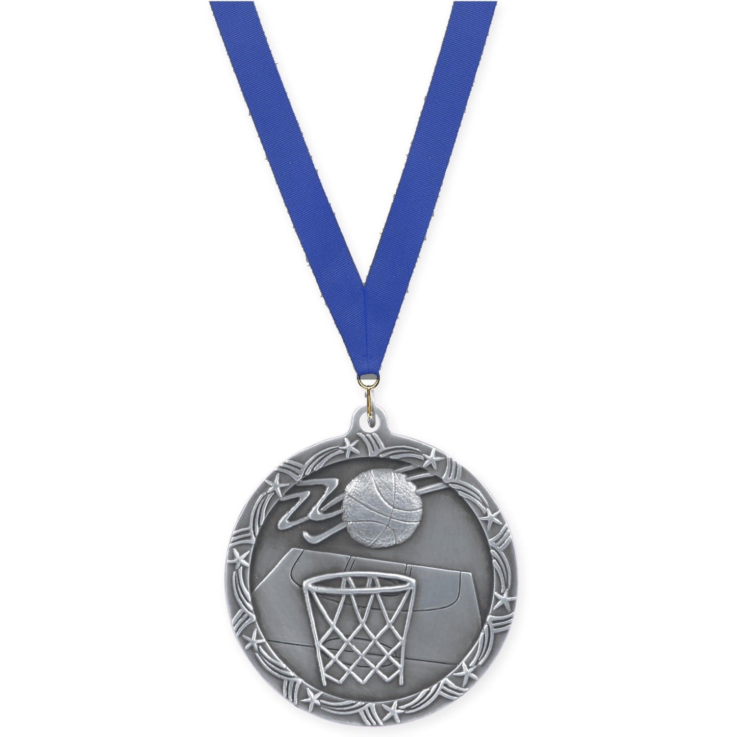 2 1/2 inch basketball Shooting Star medal in antique silver with Blue neck ribbon
