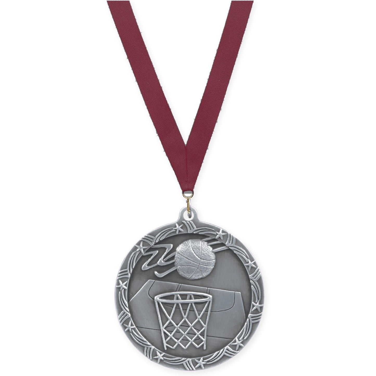 2 1/2 inch basketball Shooting Star medal in antique silver with Maroon neck ribbon