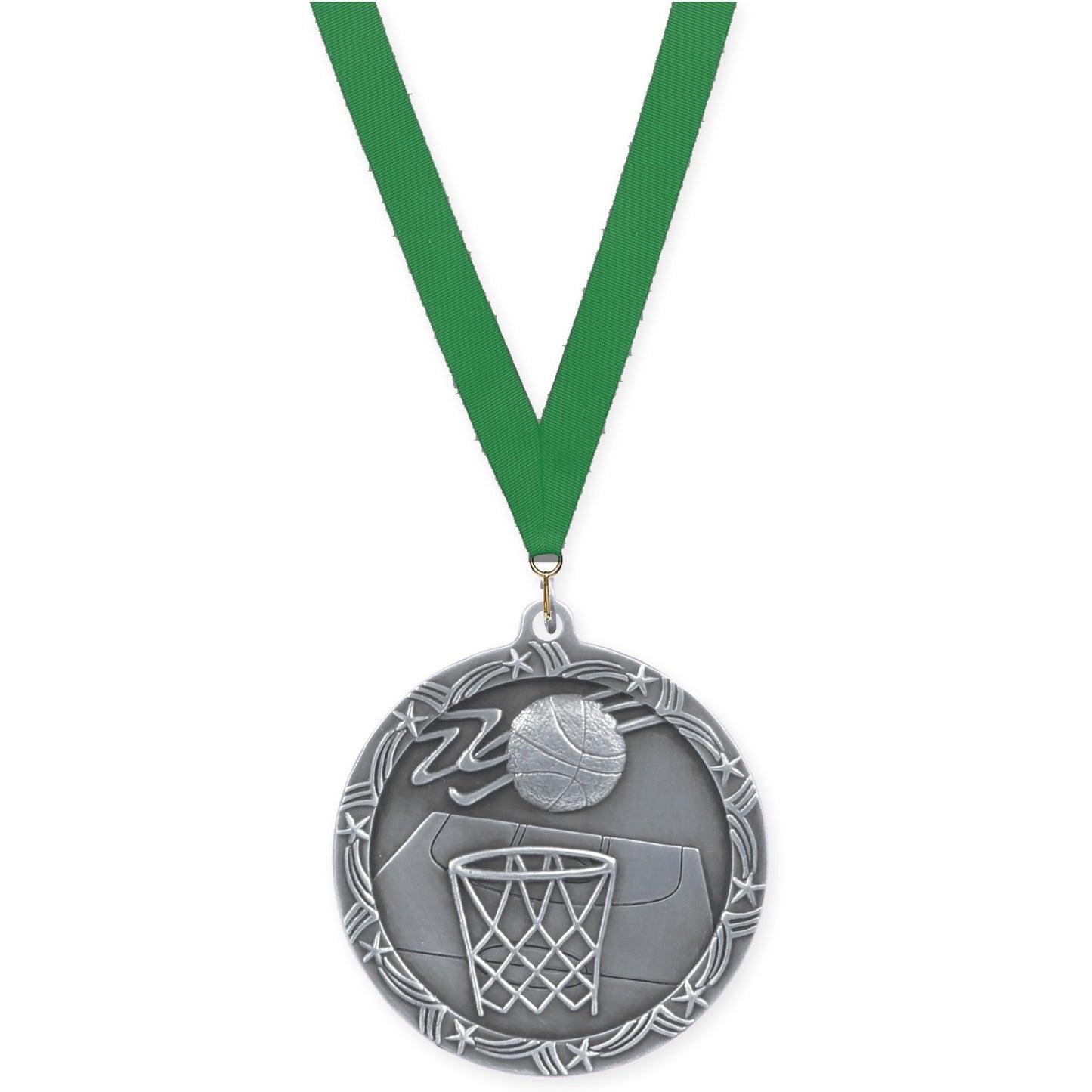 2 1/2 inch basketball Shooting Star medal in antique silver with Green neck ribbon
