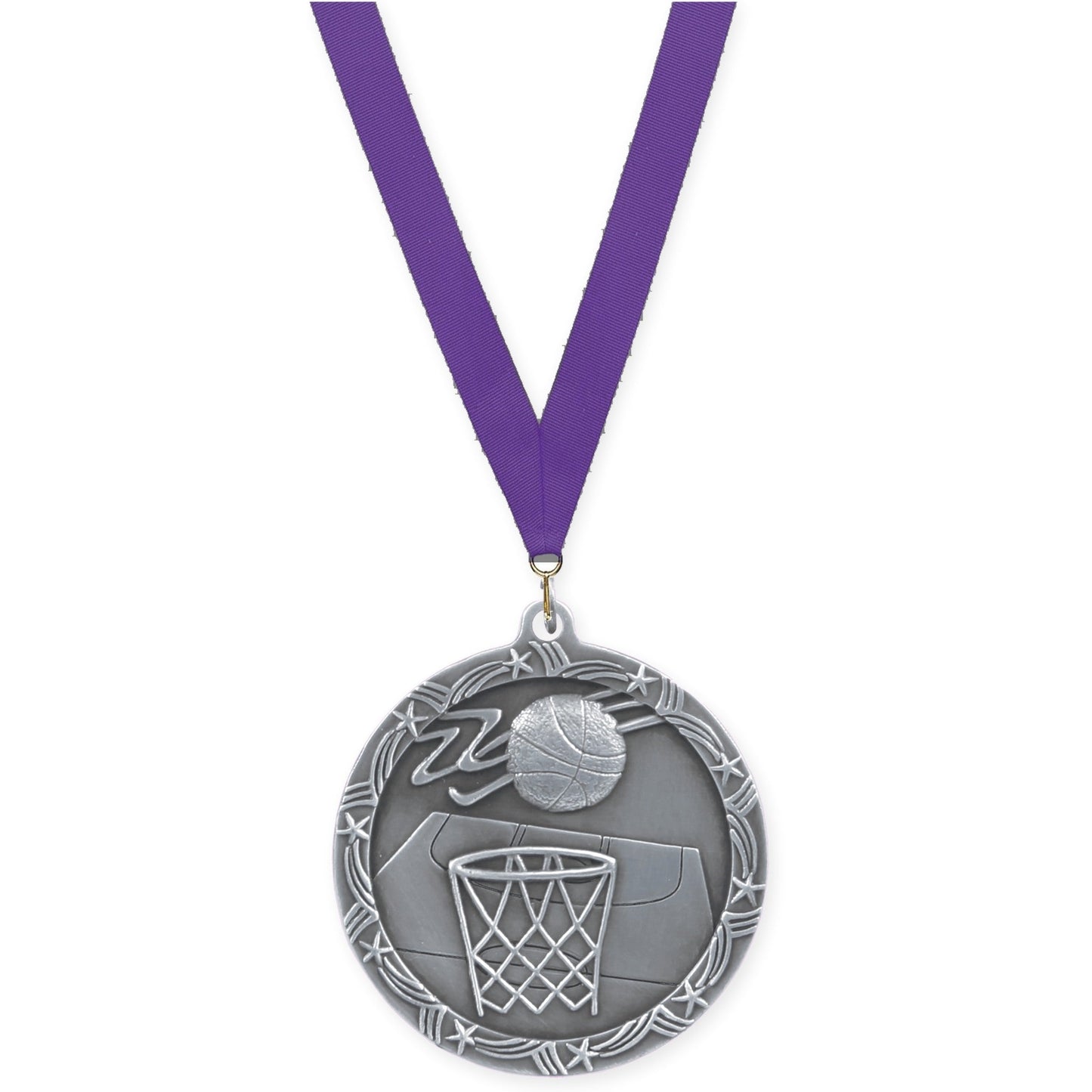 2 1/2 inch basketball Shooting Star medal in antique silver with Purple neck ribbon