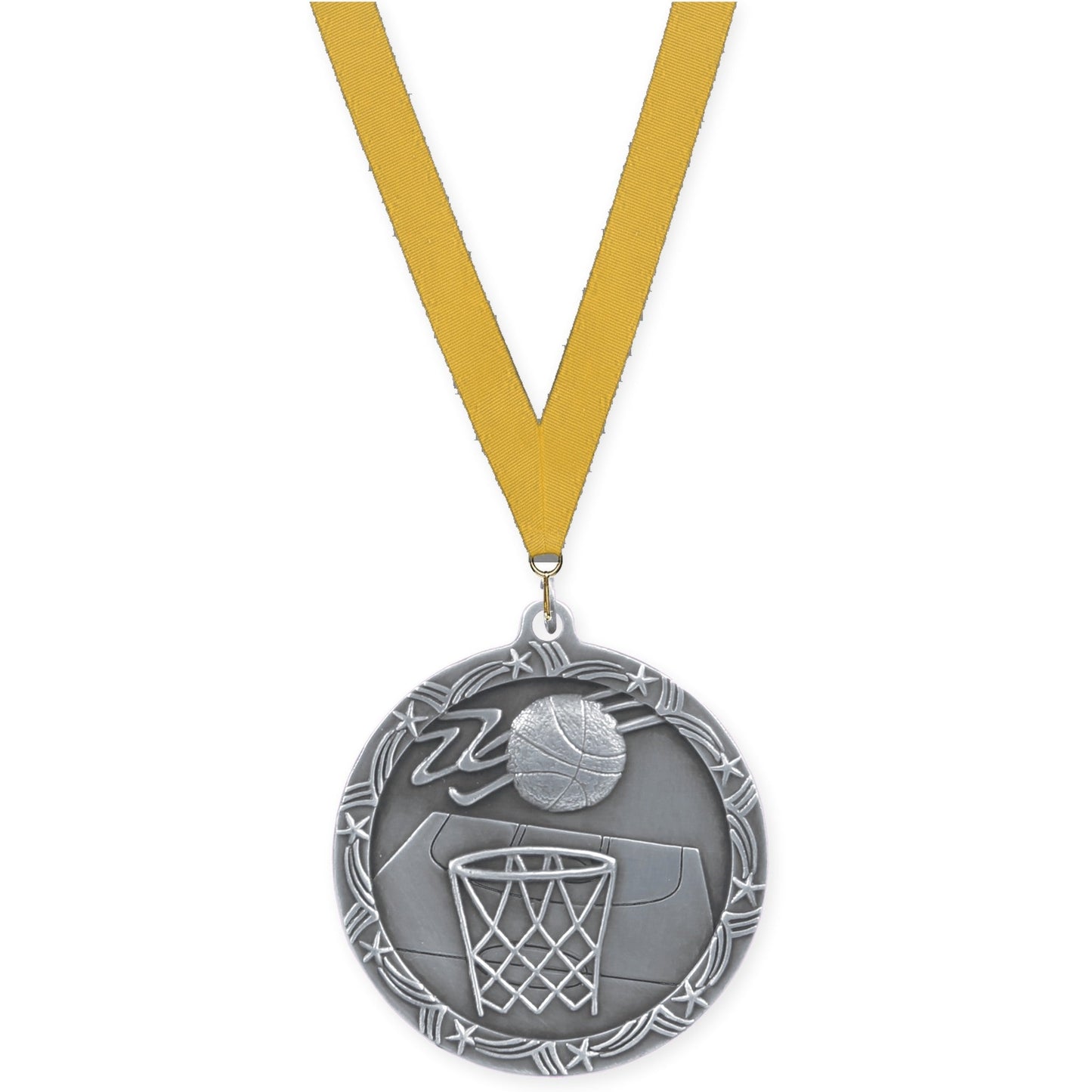 2 1/2 inch basketball Shooting Star medal in antique silver with Gold neck ribbon
