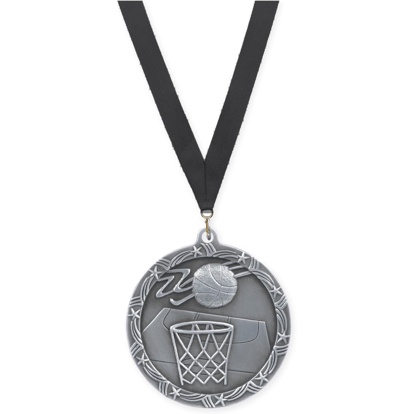 2 1/2 inch basketball Shooting Star medal in antique silver with Black neck ribbon