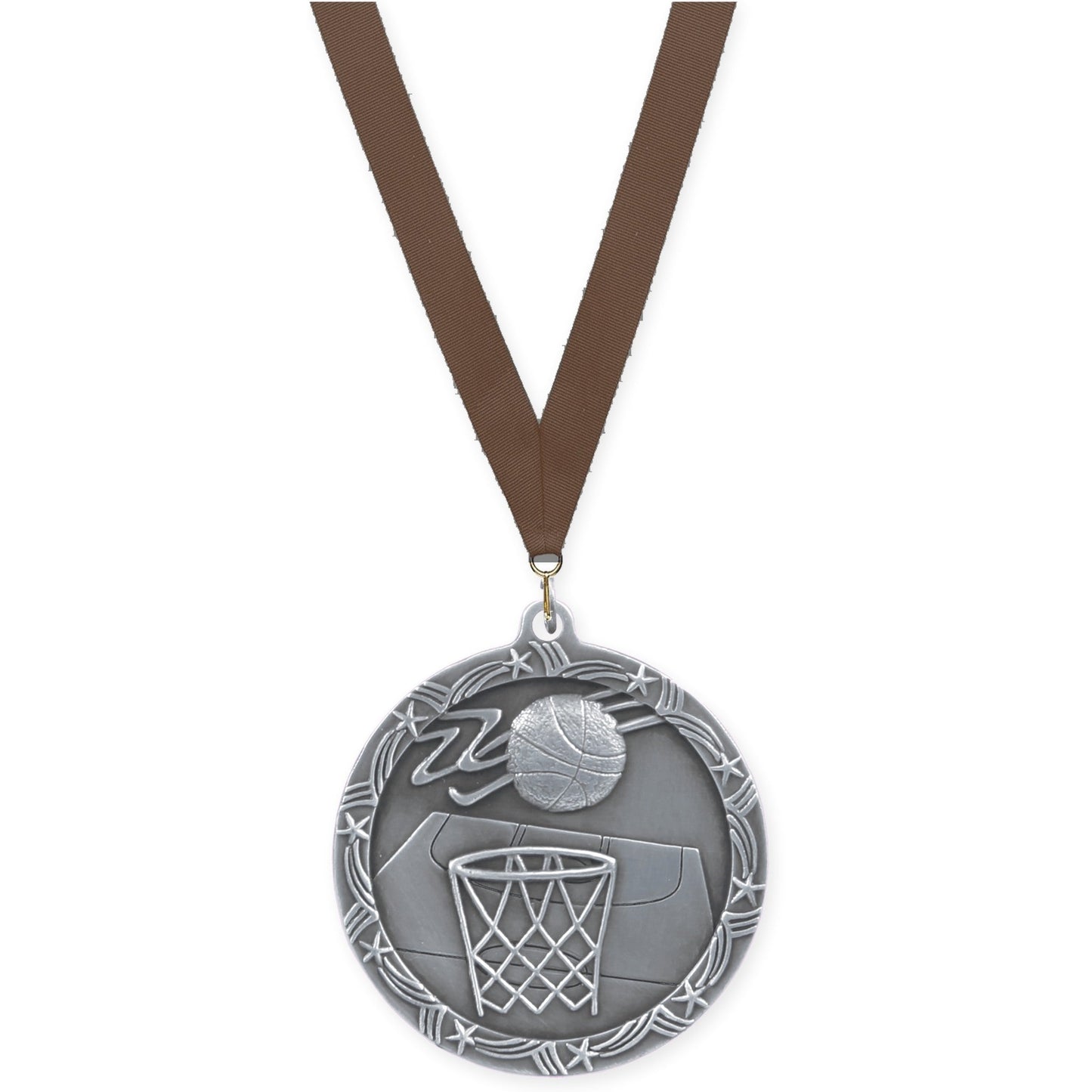 2 1/2 inch basketball Shooting Star medal in antique silver with Brown neck ribbon