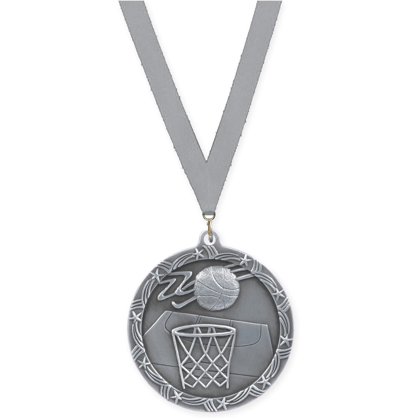 2 1/2 inch basketball Shooting Star medal in antique silver with Gray neck ribbon