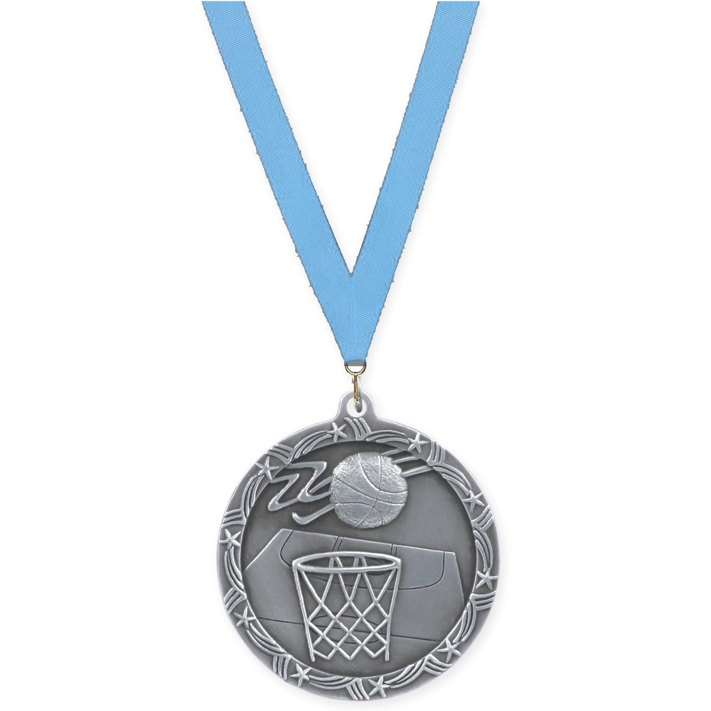 2 1/2 inch basketball Shooting Star medal in antique silver with Light Blue neck ribbon